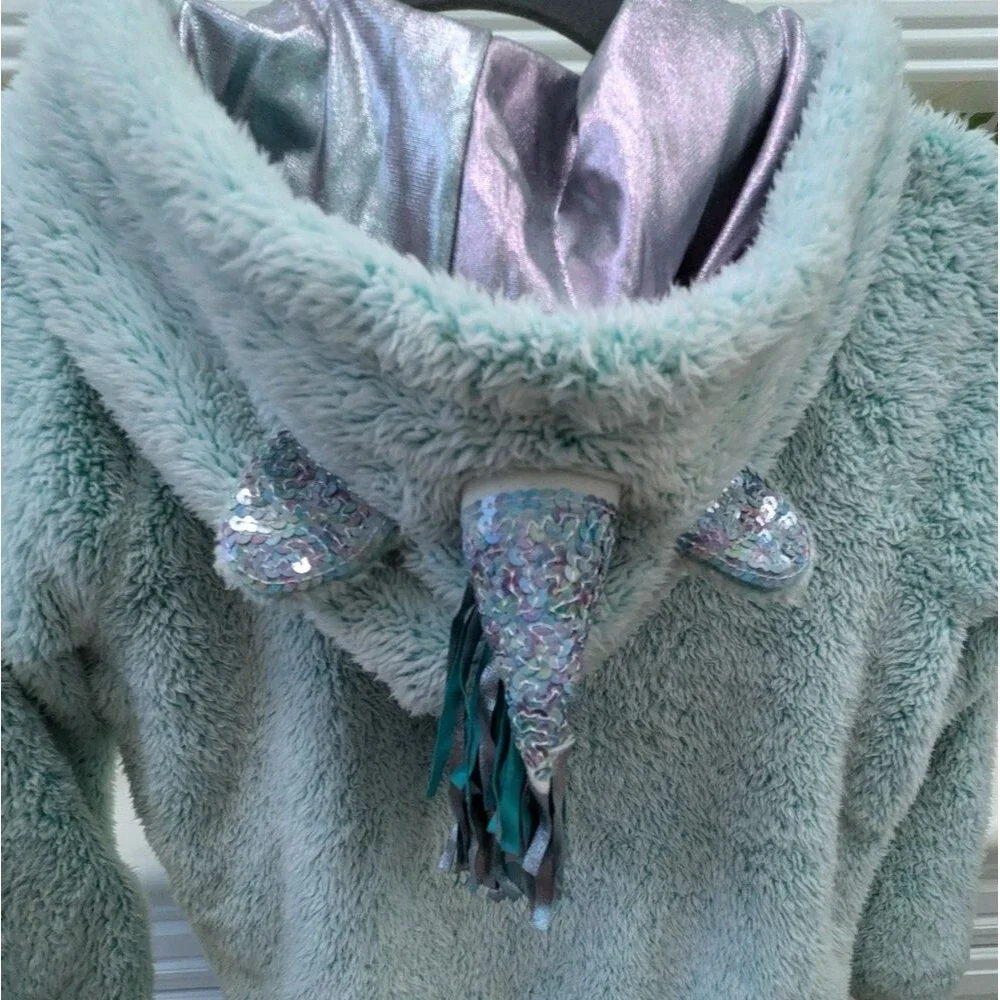 Teal Seafoam Green Cat & Jack Fluffy Zip Up Unicorn Sweater Large 10/12 Winter